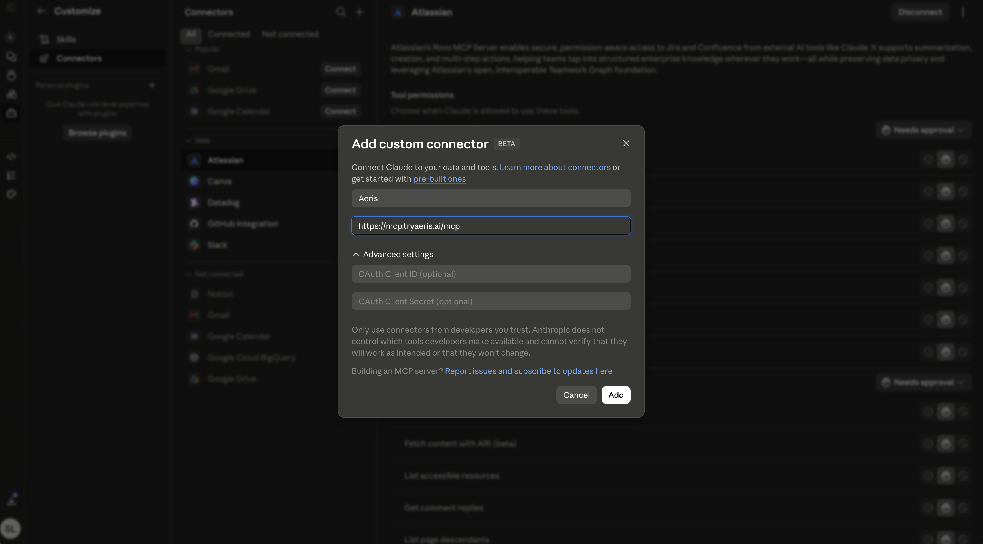 Add custom connector modal with Aeris and the MCP URL filled in