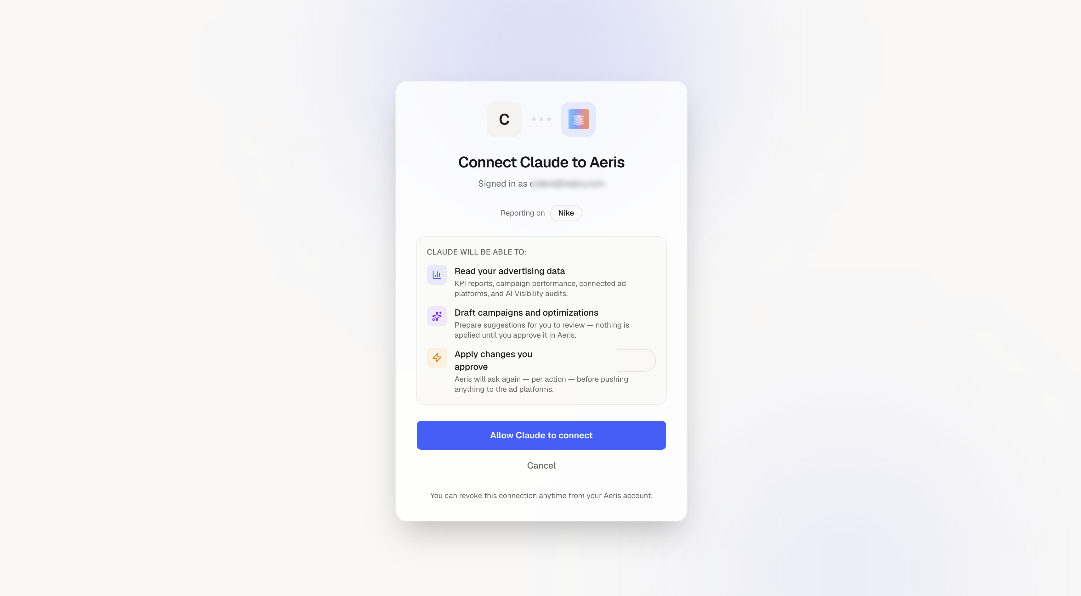 Aeris consent screen showing Read, Draft, and Apply scopes
