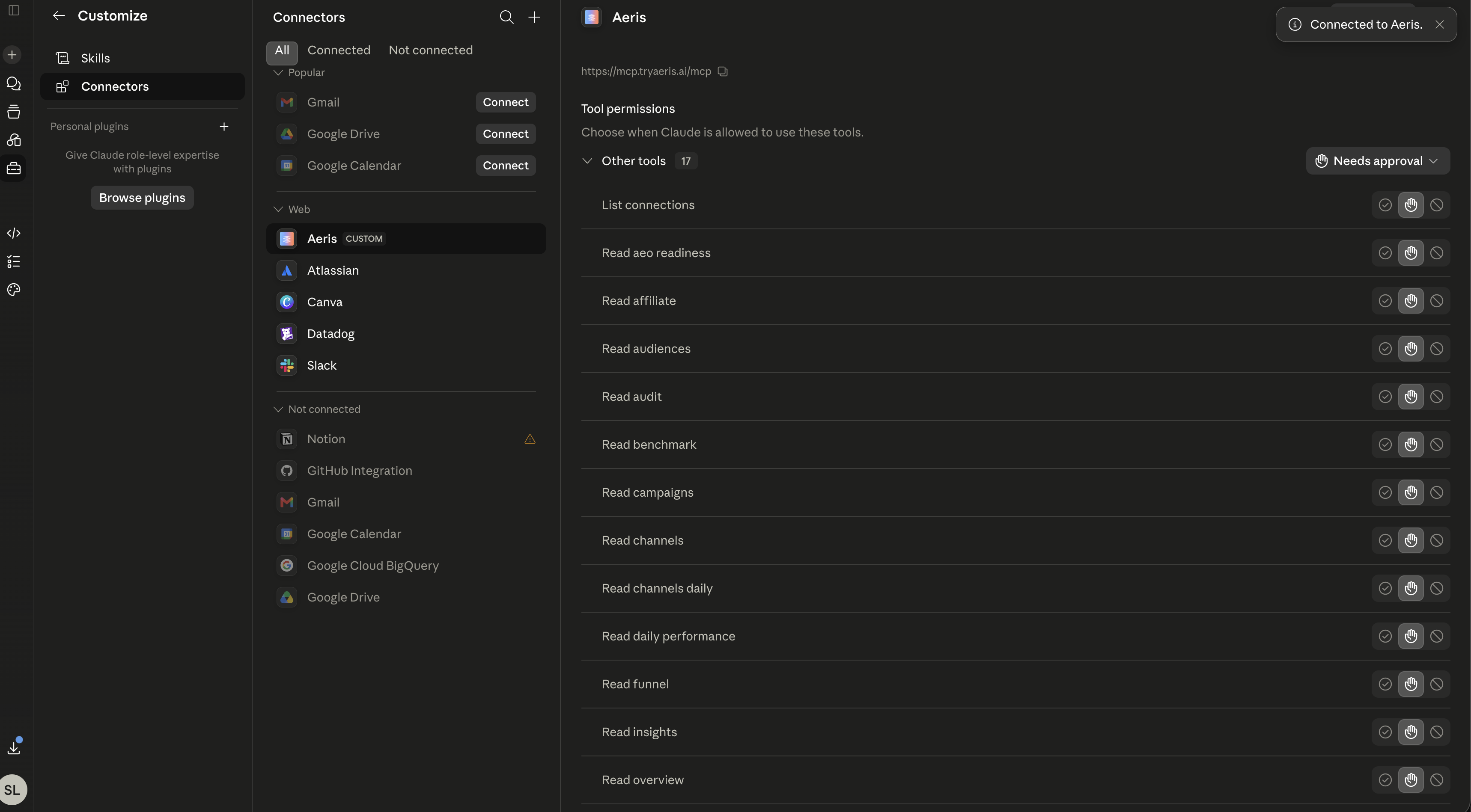 Connected to Aeris toast with the full tool permissions list visible